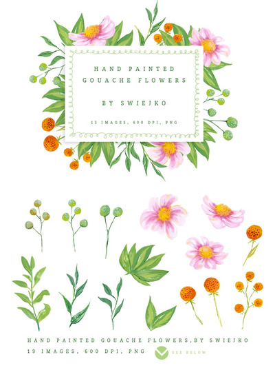 水粉花卉素材 Gouache Flowers clipart set