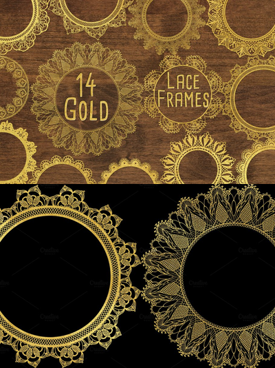 金色花边框架素材 Gold Lace Frames Clipart Overlays