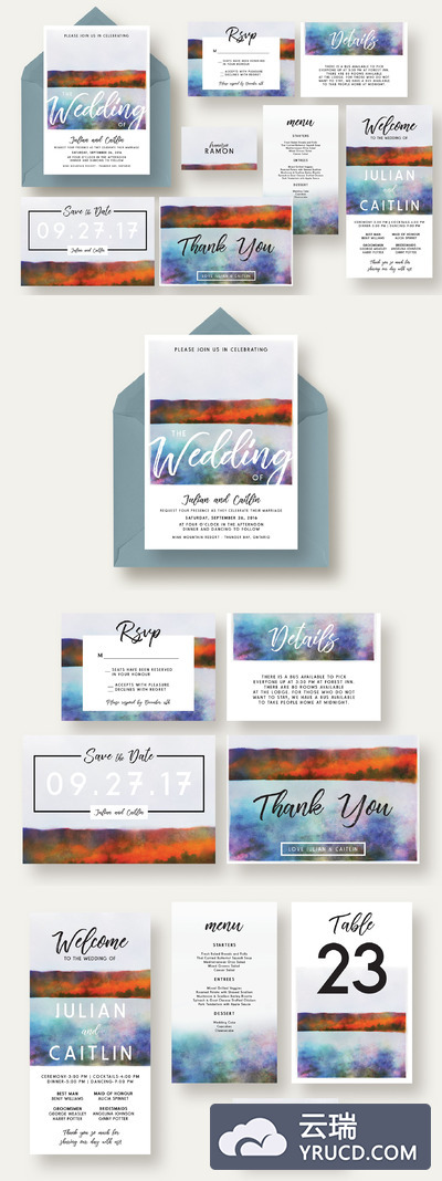 秋湖婚礼邀请卡模板套装 Autumn Lake Wedding Invitation Suite