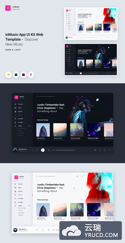 时尚高端音乐Music App UI Kits Web设计模板（Sketch，Photoshop，Adobe Xd，Figma）