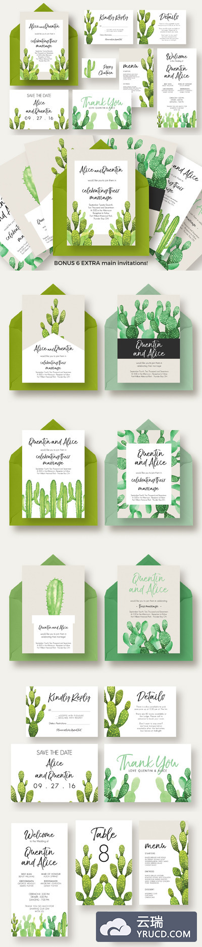 绿植花卉婚礼婚礼物料设计模版 Cactus Wedding Suite