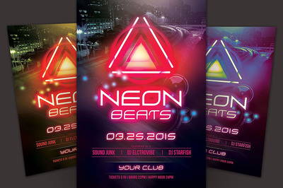 霓虹灯节拍传单海报模板 Neon Beats Flyer Template