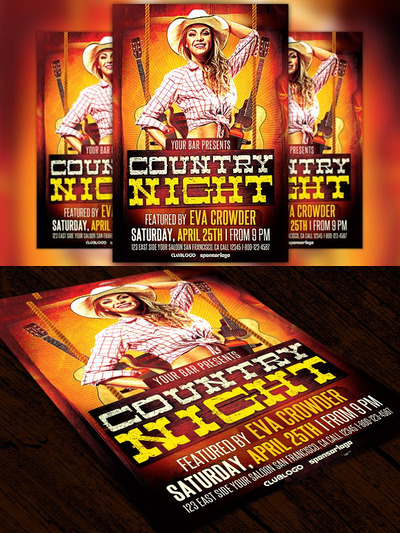美国西部怀旧乡村音乐海报模版 Western Country Night Flyer Template