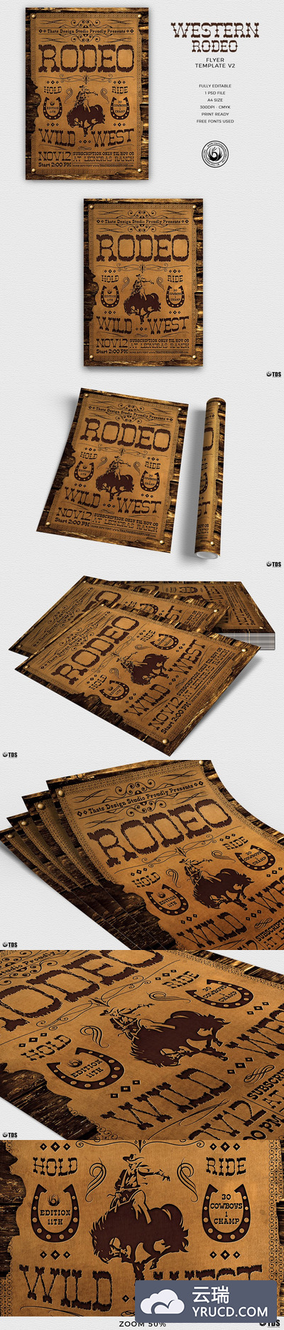 美国西部牛仔怀旧海报模版 Western Rodeo Flyer PSD V2