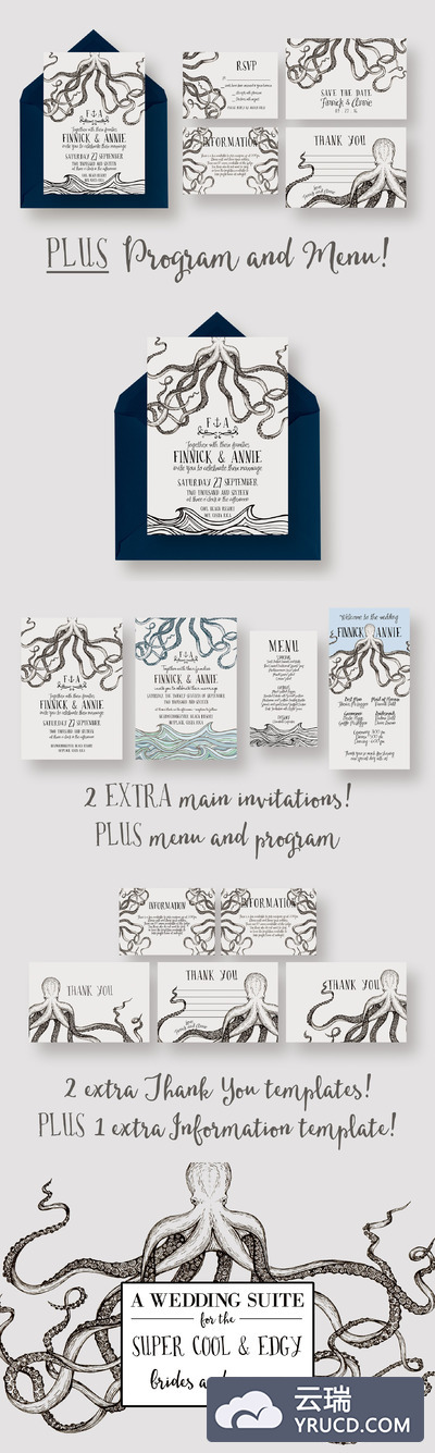 个性婚礼邀请函模版套装 Octopus Wedding Invitation Suite