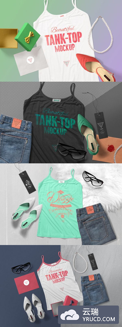 样机 | 4个PSD女装女士背心模型场景信封礼物盒项目联鞋牛仔裤