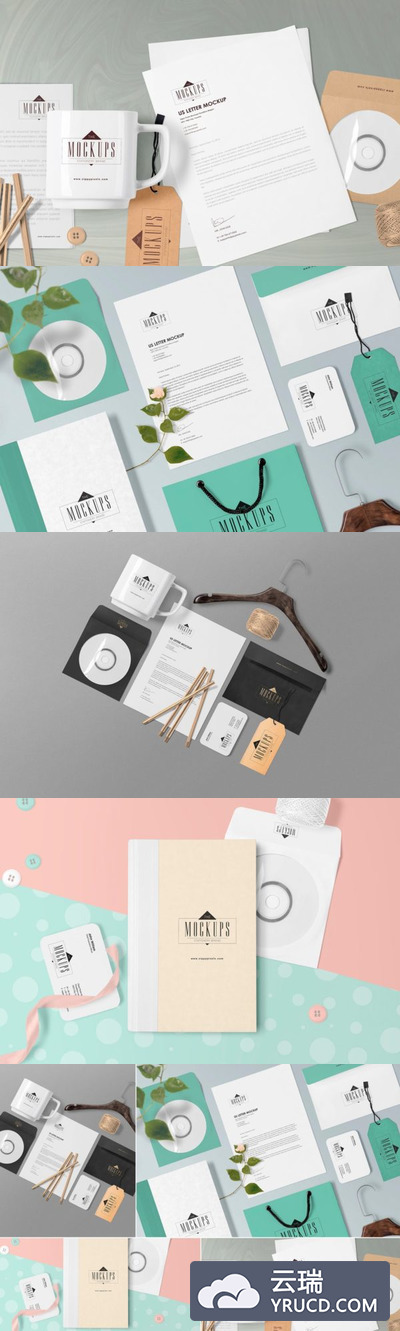 样机 | 4个PSD文具信笺购物袋铅笔衣架杯子登记册信封CD模型场景