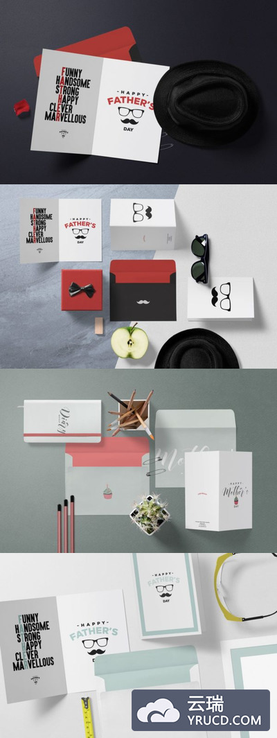 样机 | 4个PSD马卡龙清新绿卡片信封礼物盒眼睛花盆模型场景