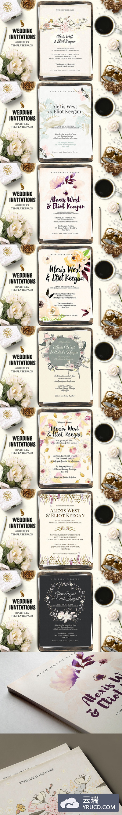 8个婚礼邀请函模版 8 Wedding Invitations Pack