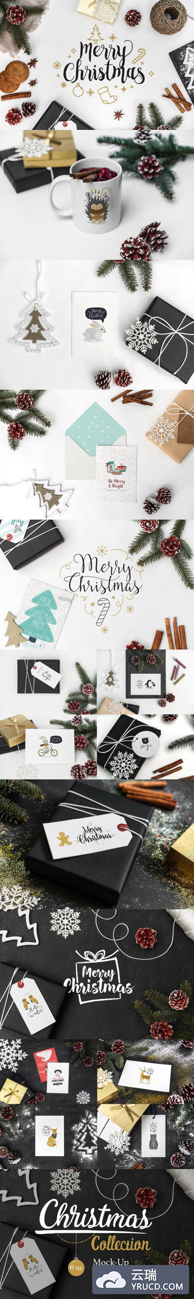 样机 | 15个圣诞元素高品质真实照片松榈枝雪花松鼠果刺猬装饰