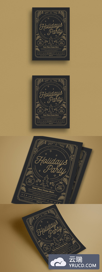 时尚高端黑金质感的黄金假期新年圣诞节海报宣传单DM设计模板