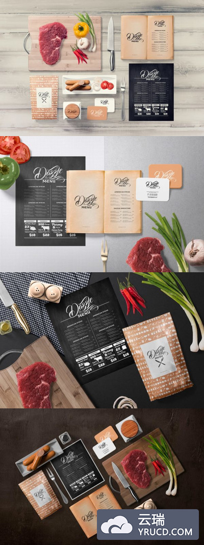 样机 | 4个PSD高品质餐厅菜单模拟模型场景刀具香肠蔬菜肉