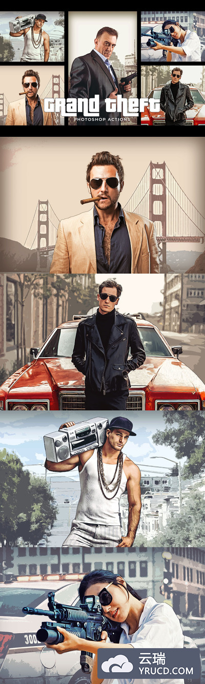 侠盗猎车手GTA电脑游戏风格的手绘水彩风格photoshop动作