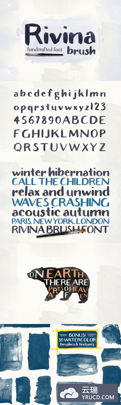 手绘笔刷字体+30个水彩背景纹理素材 Rivina Brush +30 Watercolor Textures
