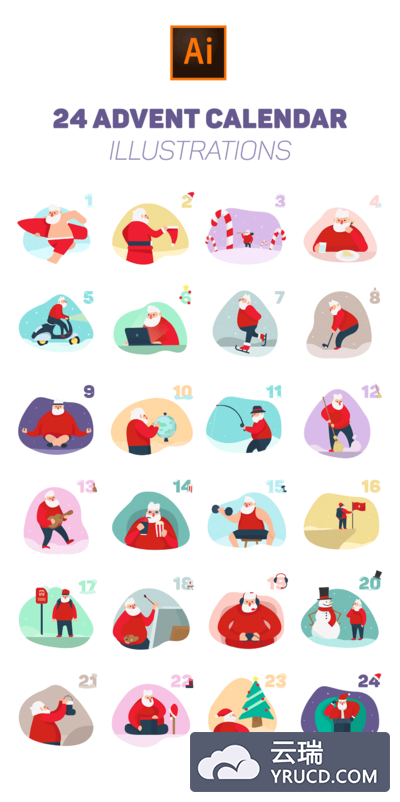 24个圣诞节圣诞老人日历插图模板 [Ai]
