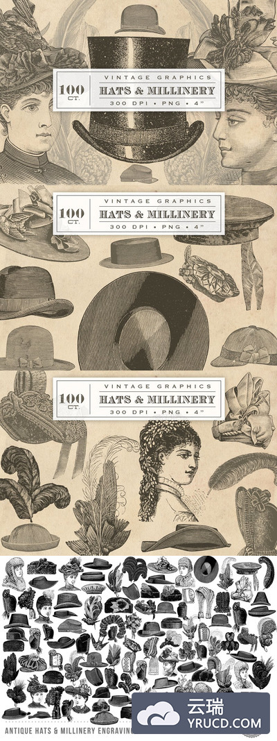 经典的帽子插画图插画 Vintage Hats & Millinery Graphics