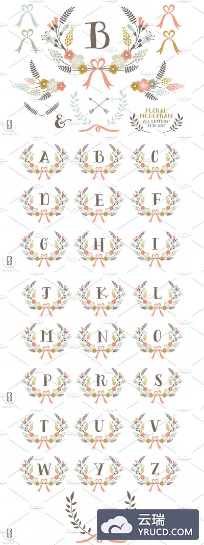 花圈桂冠素材 Floral wreaths laurels monogram c73