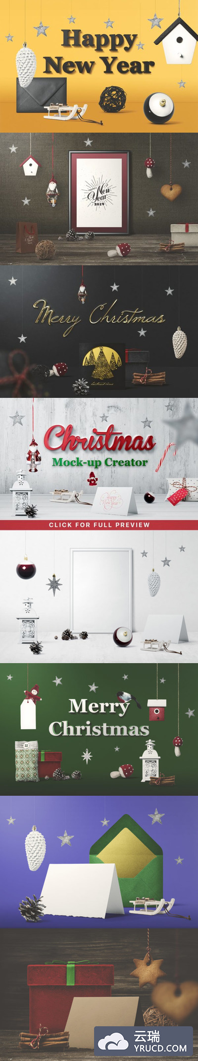 样机 | 圣诞节8个场景50模型元素星星圣诞老人雪花