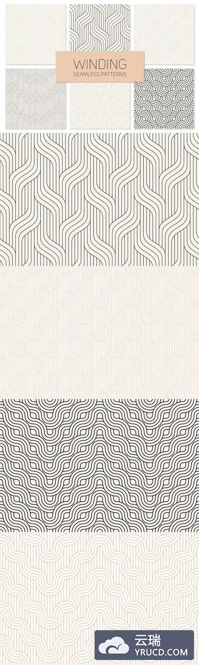 几何抽象背景纹理 Winding Seamless Patterns. Set 2