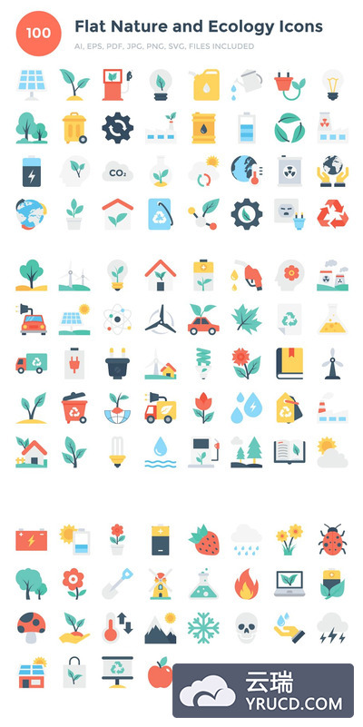 100平自然和生态图标 100 Flat Nature and Ecology Icons