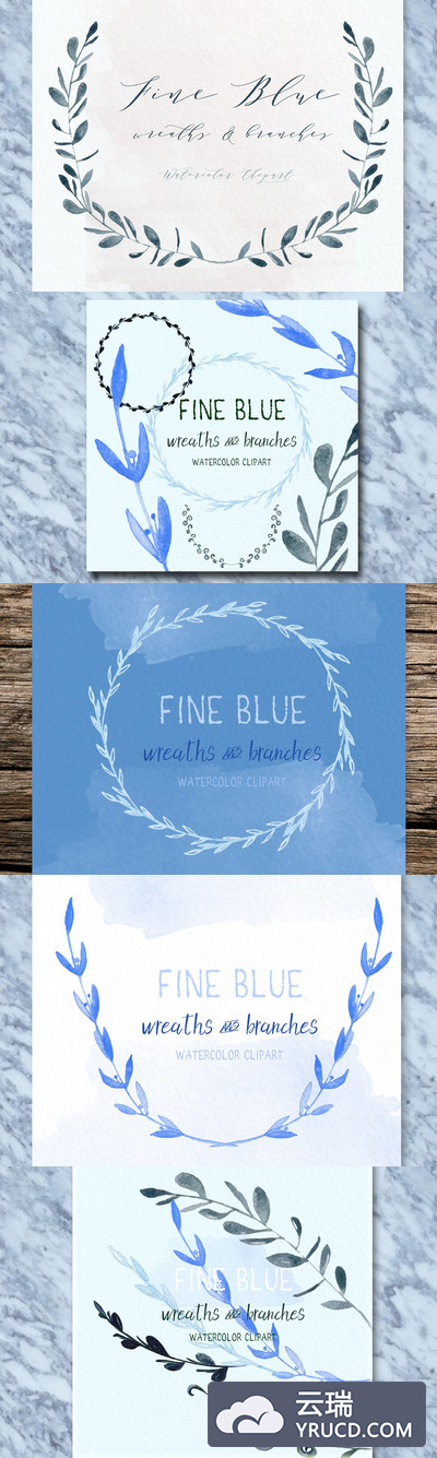 蓝色水彩花环树枝 Blue wreaths & branches. watercolor