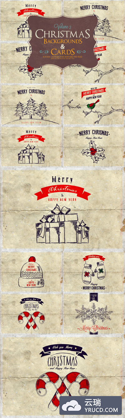 时尚的好用的圣诞节新年手绘风格贺卡集合vol.3