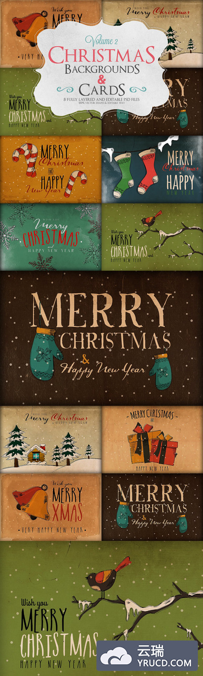 时尚的好用的圣诞节新年手绘风格贺卡集合vol.2