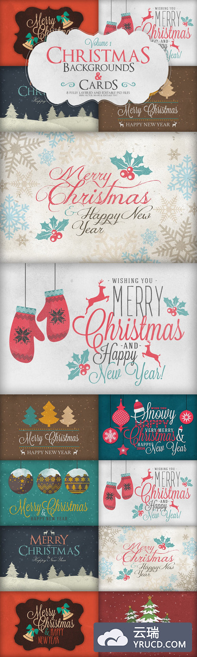 时尚的好用的圣诞节新年手绘风格贺卡集合vol.1