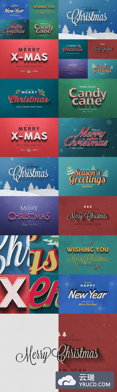 时尚好用的高品质新年圣诞节3D立体文字效果图层样式Vol.1