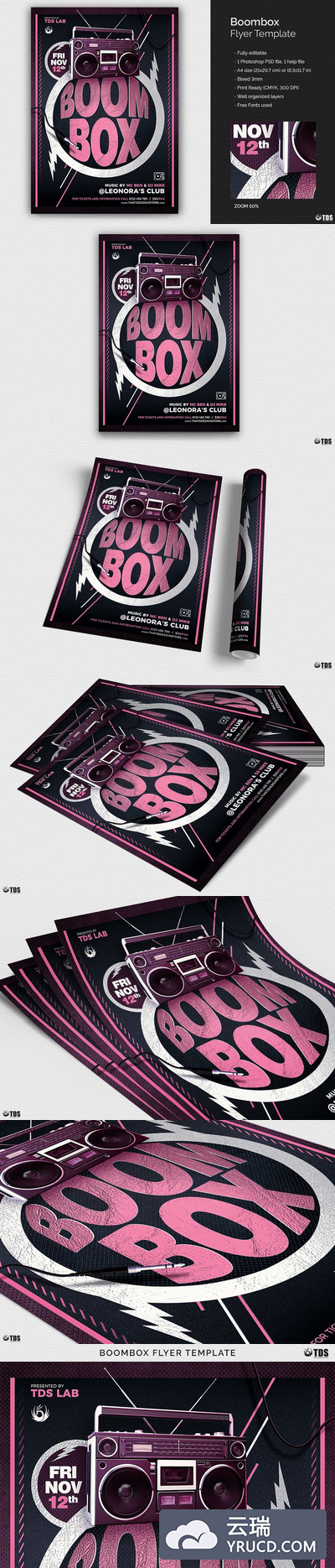 怀旧录音机扬声器海报模版 Boombox Flyer PSD