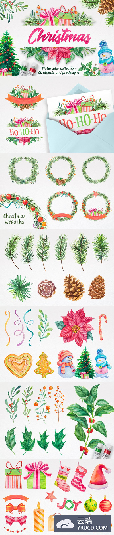 矢量 | 圣诞节手绘水彩60个元素素材松枝礼物盒松子圣诞树雪人植物