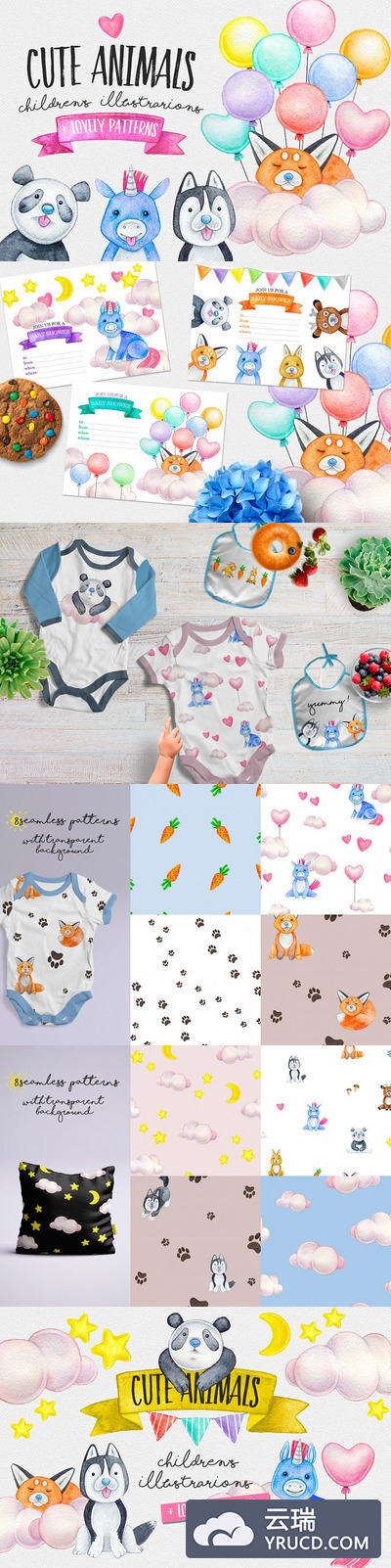水彩 | 可爱手绘动物套装鹿哈士奇独角兽狐狸熊猫兔子75个高品质素材