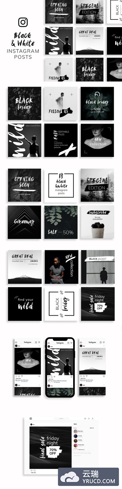 时尚高端黑白配色的Instagram社交媒体海报banner设计模板