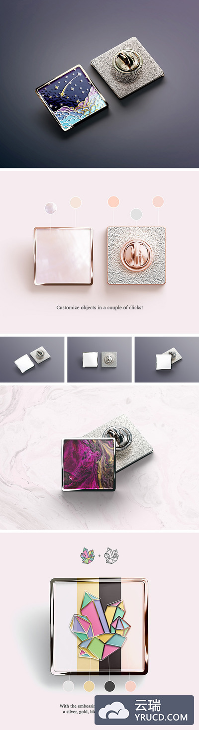样机 | 时尚前端定制珐琅设计方形胸针徽标压花轮廓逼真效果
