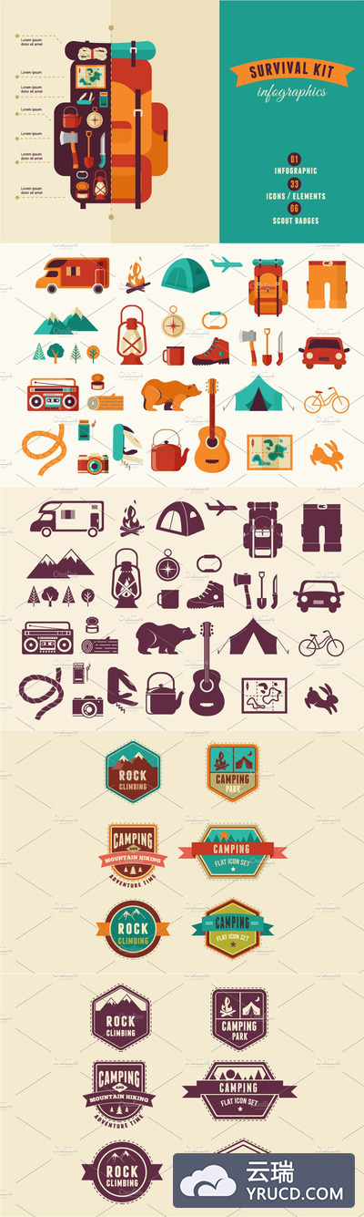 野外生存工具包野营信息图表 Survival Kit, camping infographics