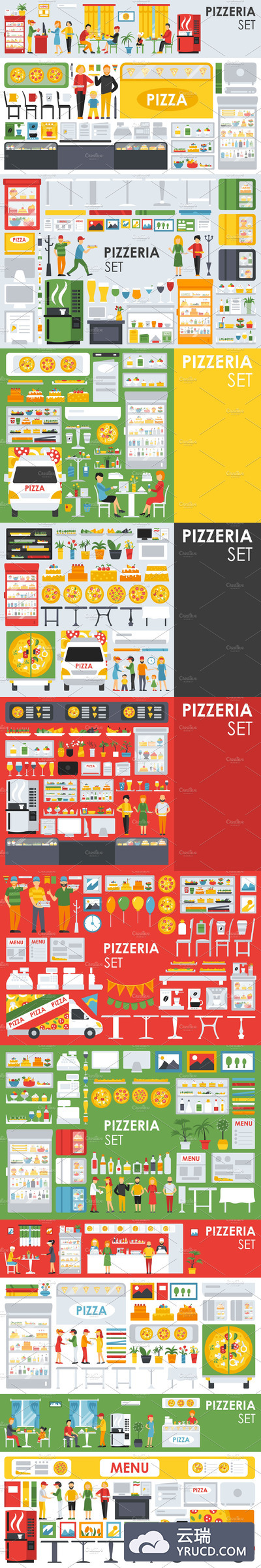 匹萨饼店相关的插画 Pizzeria Flat Objects 9 collections