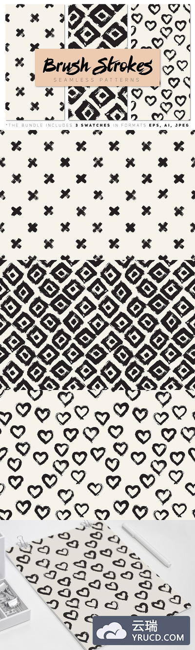 笔刷描边效果的背景纹理素材 Brush Strokes Seamless Patterns