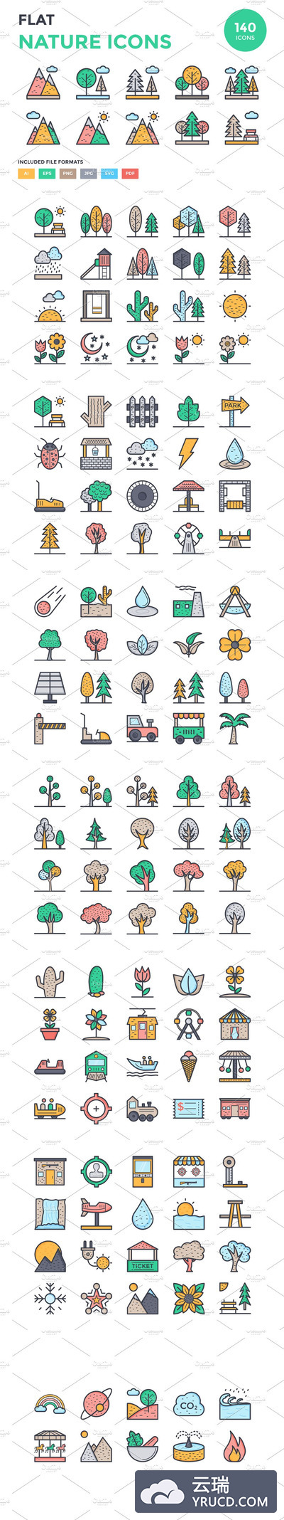 125+个自然图标套装 125+ Flat Nature Icons Set