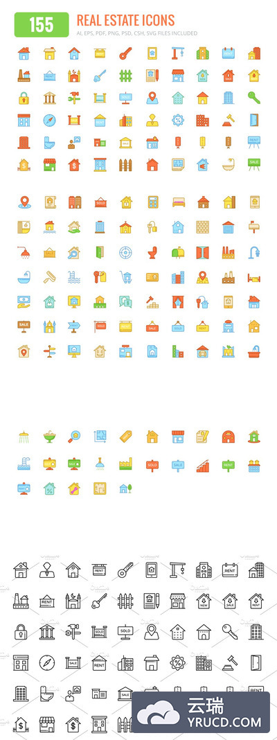 150+房地产彩色和线图标 150+ Real Estate Colored & Line Icon