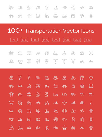 100个可爱的交通主题图标 100+ Transportation Vector Icons