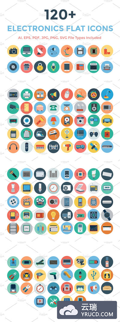 120+电子平面图标 120+ Electronics Flat Icons