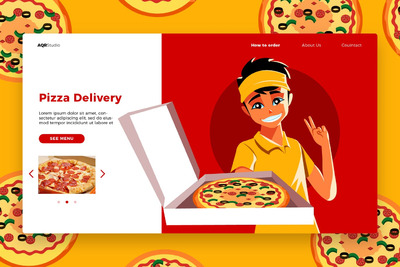 时尚简约多用途的扁平化披萨比萨匹萨PIZZA外卖海报banner着陆页插画设计模板