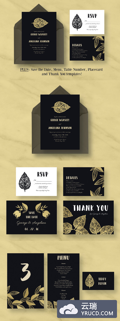 黄金树叶婚礼邀请函模板 Gold Leaf Wedding Invitation Suite