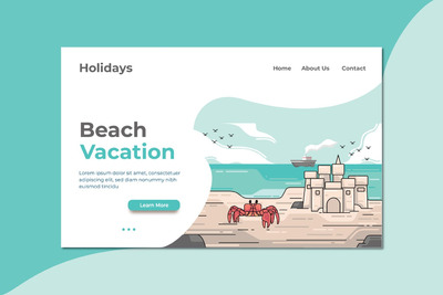 时尚清新可爱的沙滩海洋海报banner着陆页插画设计模板