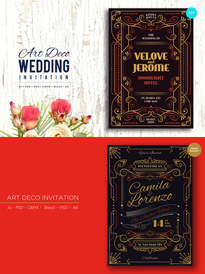 矢量 | Art Deco简欧式花纹婚礼邀请函贺卡海报宣传单DM房地产设计