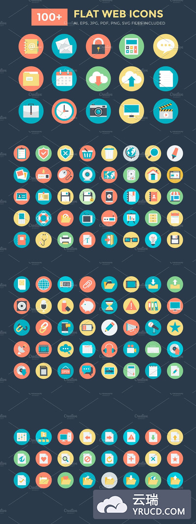 100个扁平化的网页主题图标 100+ Flat Web Icons