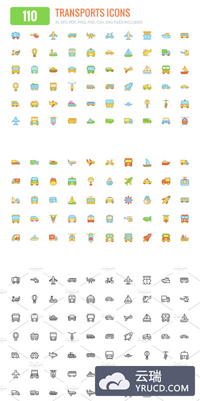 110个交通主题彩色图标 110 Transports Colored & Line Icons