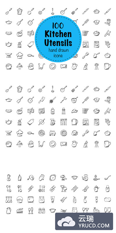100件厨房用具涂鸦图标 100 Doodles of Kitchen Utensils