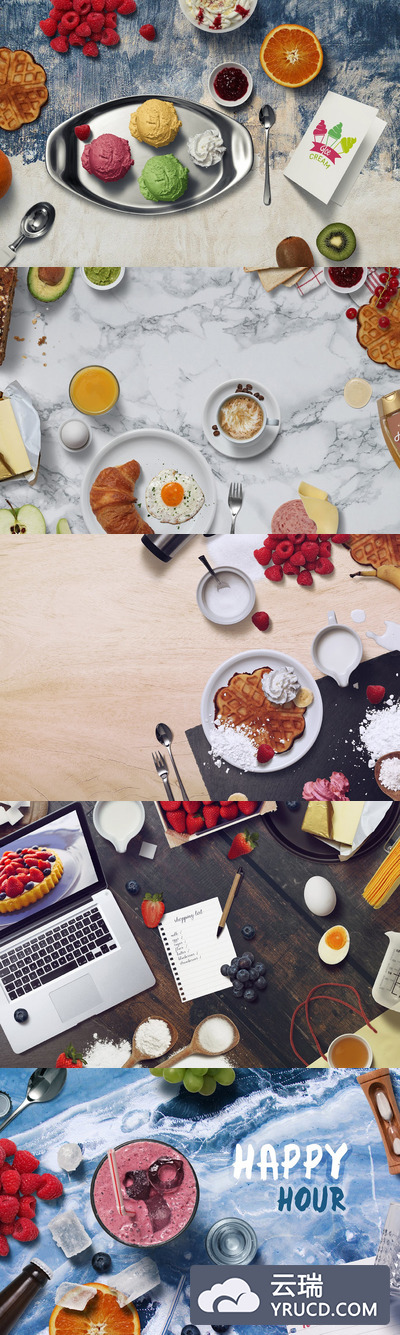 样机 | 俯视图冰淇淋早餐煎蛋华夫饼夏日饮品蓝莓