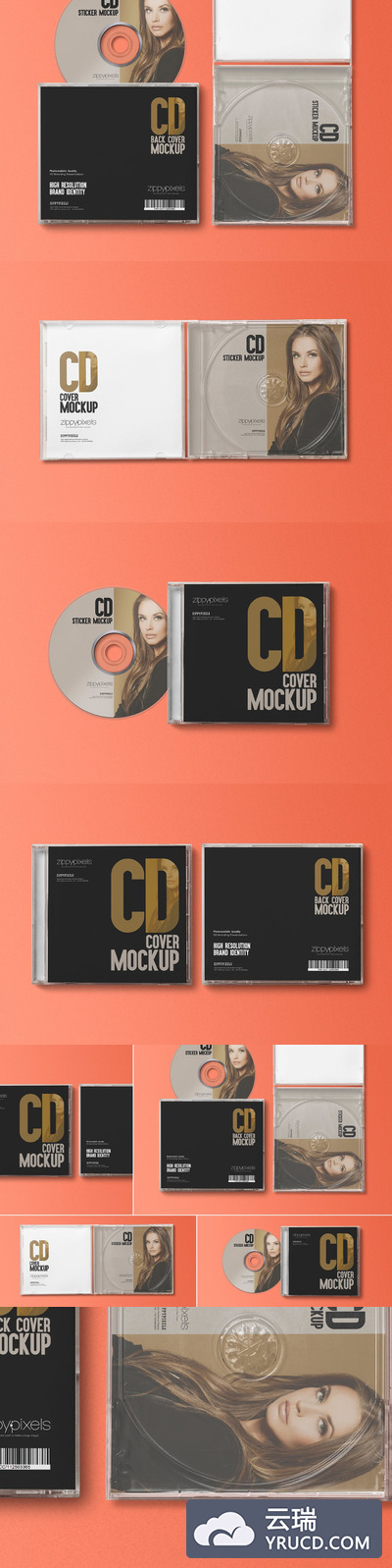 时尚高端逼真皮质的房地产CD光盘光碟包装设计VI样机展示模型mockups